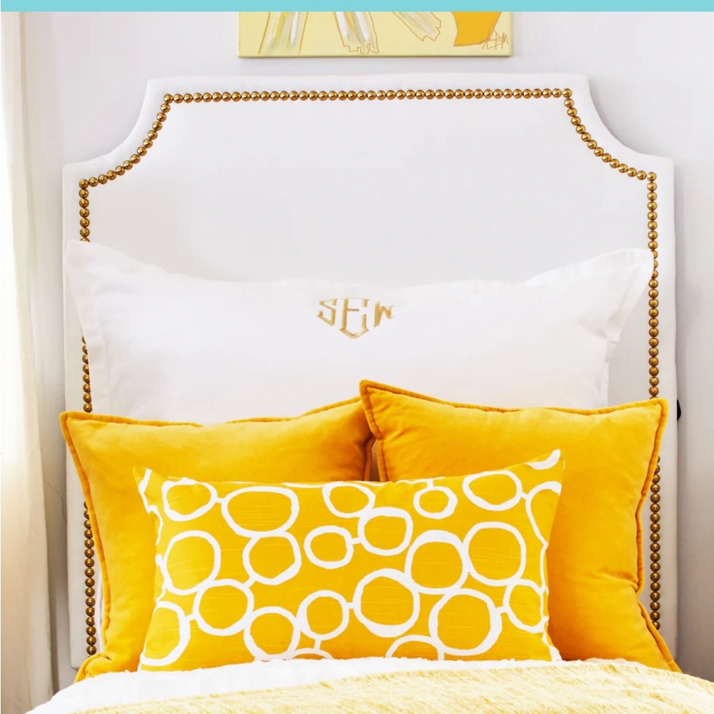 Dorm Decor Headboard - Gold Nailhead in White Faux Leather